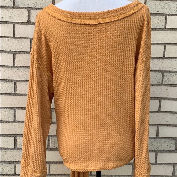 ❌DONATED❌Mustard Yellow Long Sleeve Raw Edging Waffle Tie Tunic Top - Picture 5 of 8